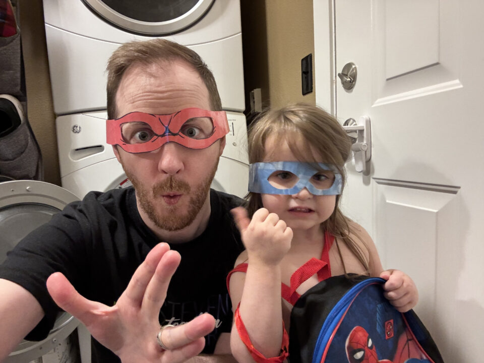 Daddy and Livy dressed as ninja turtles