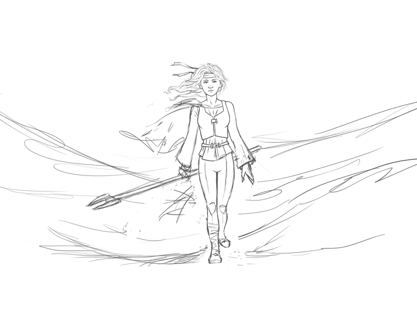Young girl holding a staff, wandering the desert
